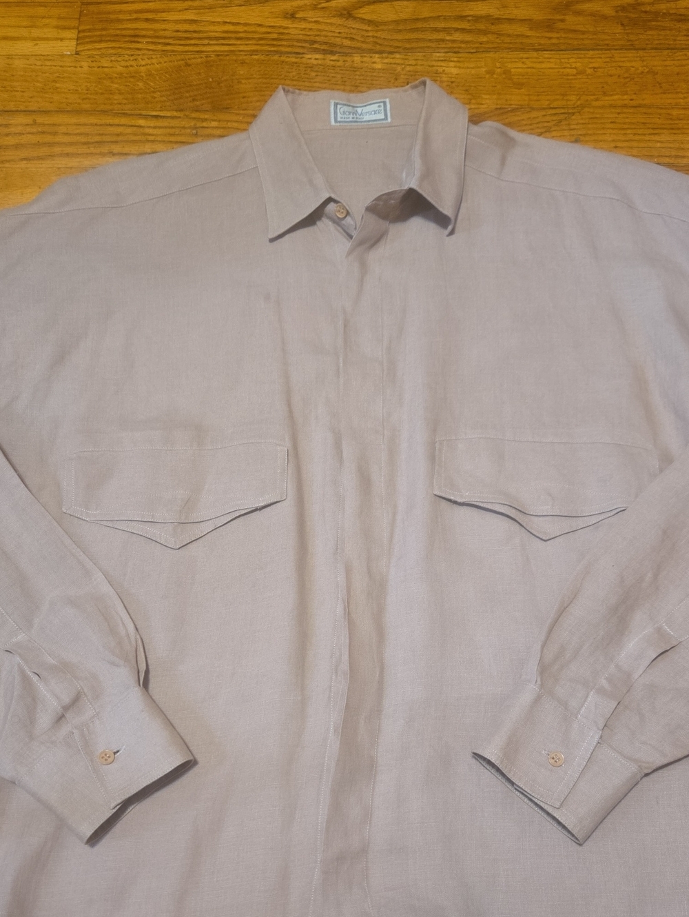 VTG Gianni Versace Linen Utility Shirt Tan Safari Flap Pockets EU 44 Italy